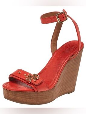 Tory Burch Red-Orange Leather Ankle-Strap Wedge Sandal Size 7